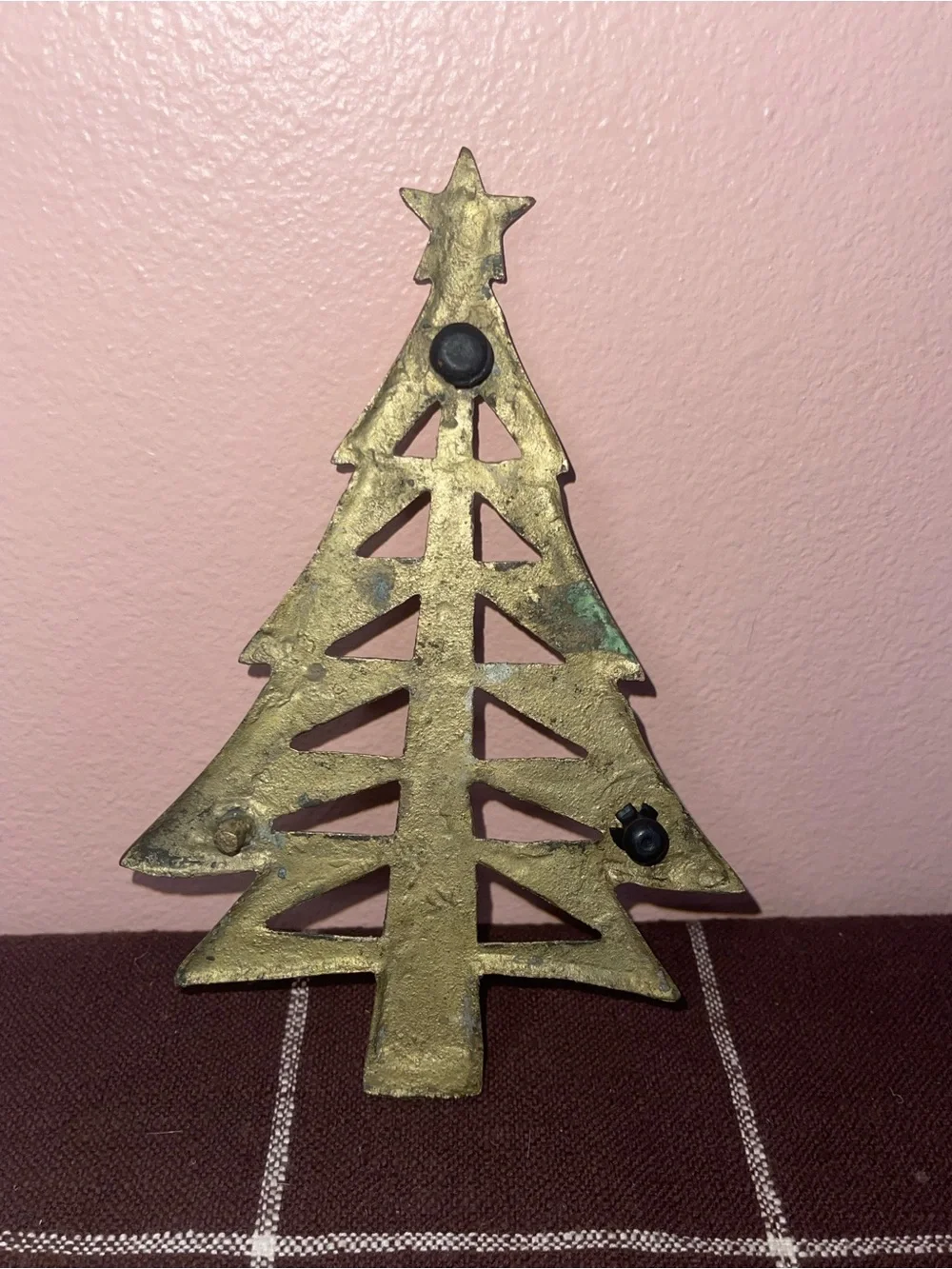 Golden Solid Brass Metal Holiday Christmas Tree Shape Trivet Vintage